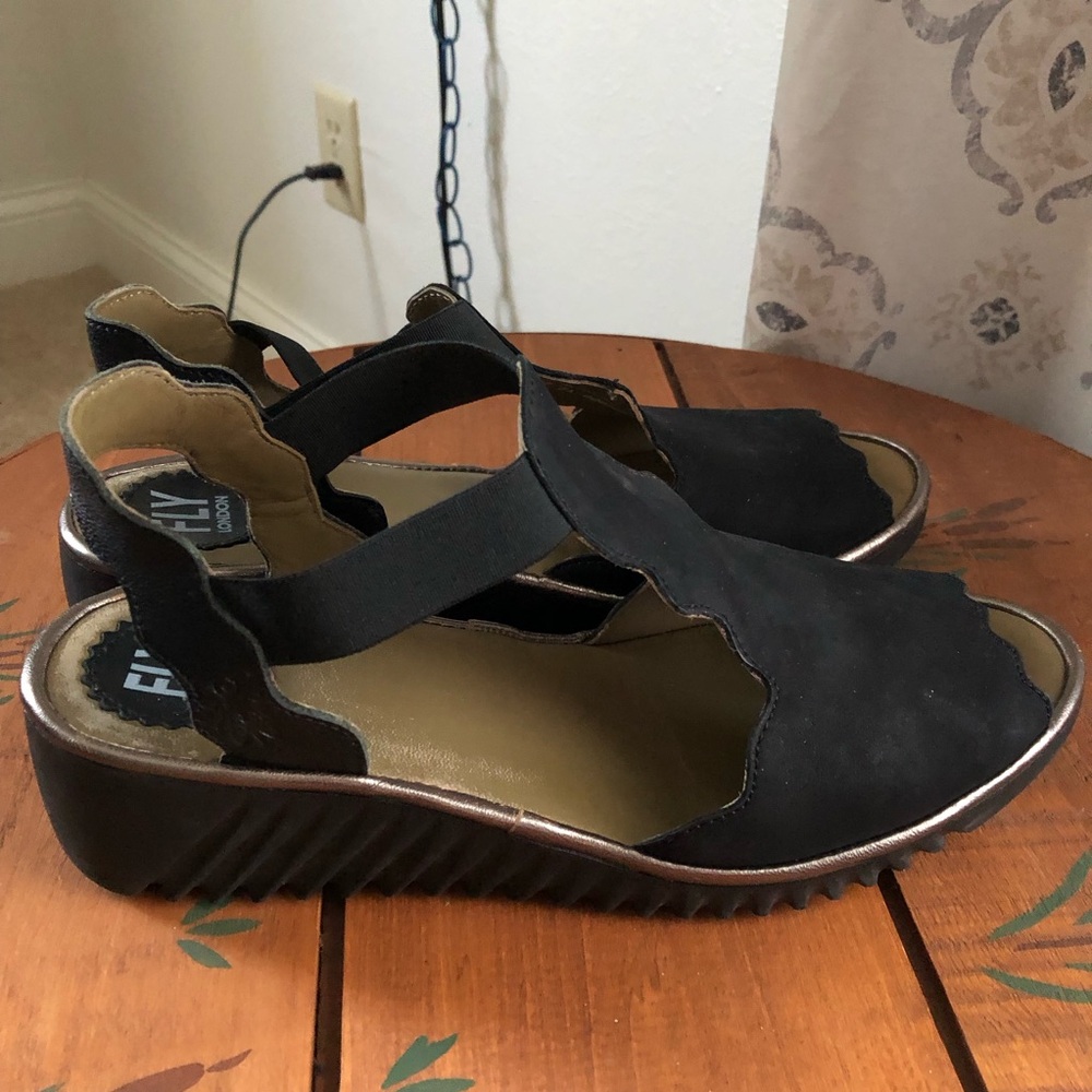 Fly London Sandals peep toe wedge ankle slip on 39 9 black leather